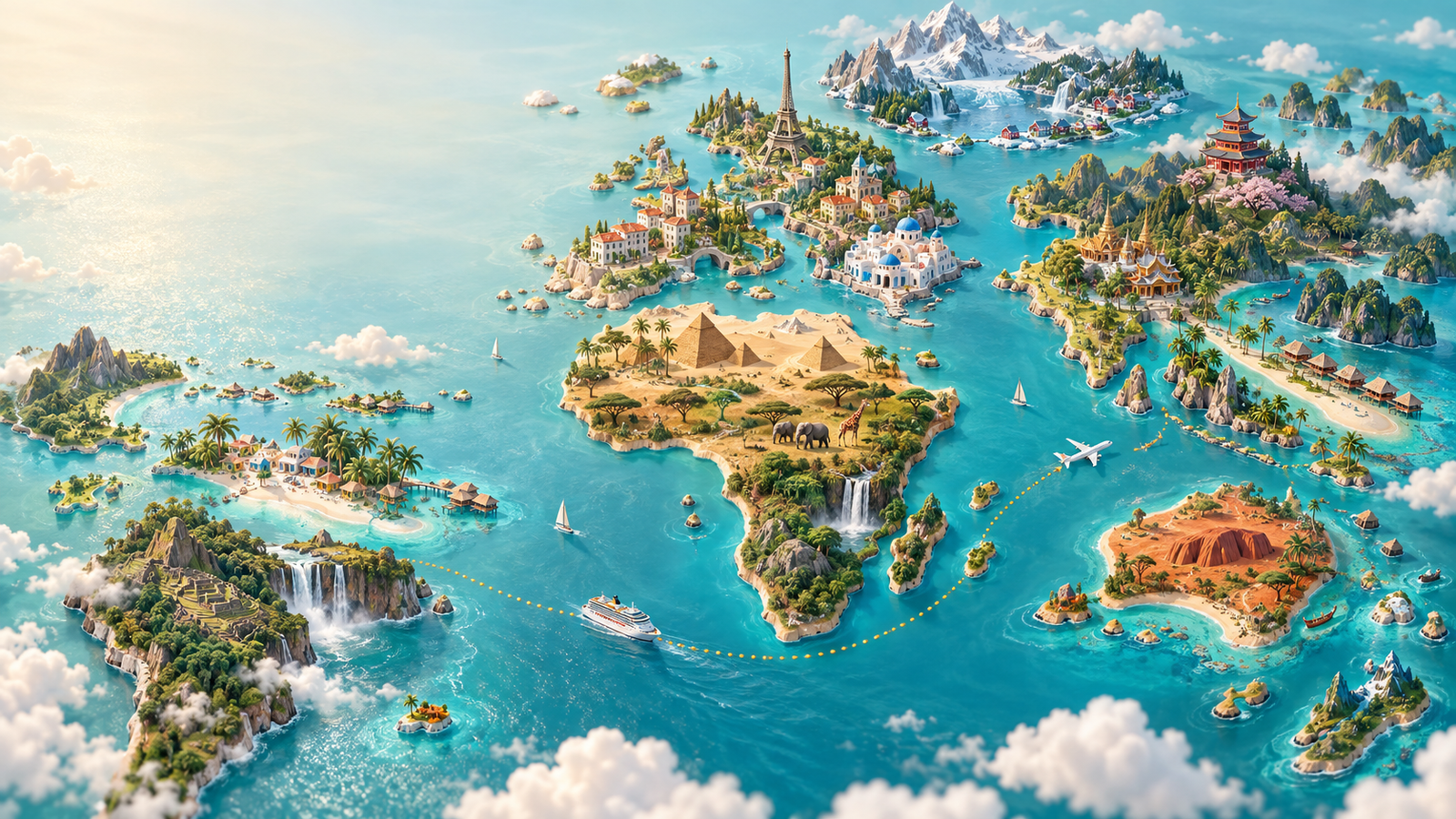 Illustrated world of travel destinations