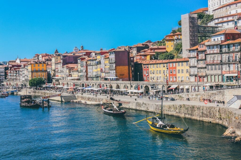 Coastal road and tiled town on the Portuguese Atlantic