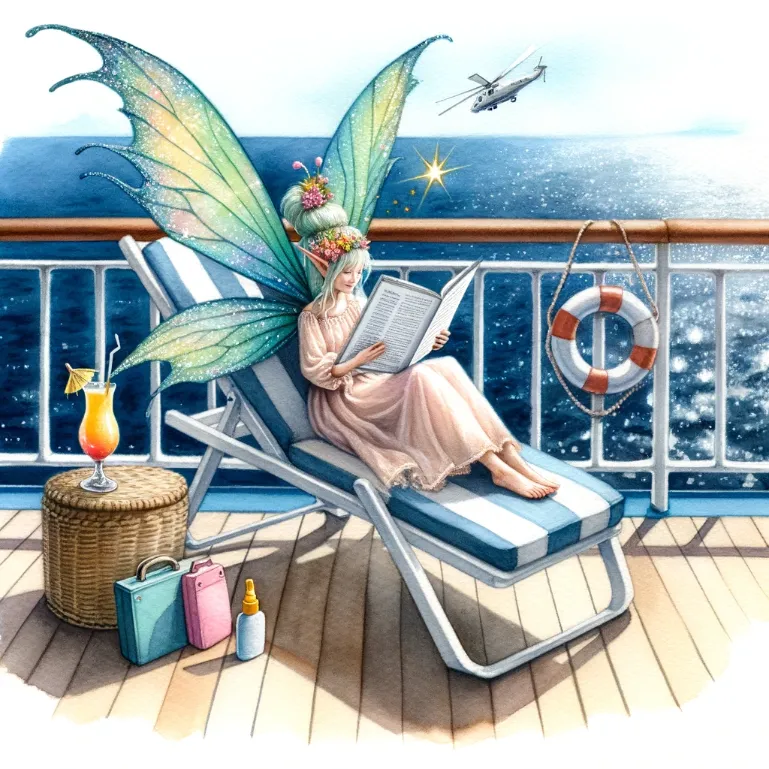 Fairy lounging on a cruise ship deckchair