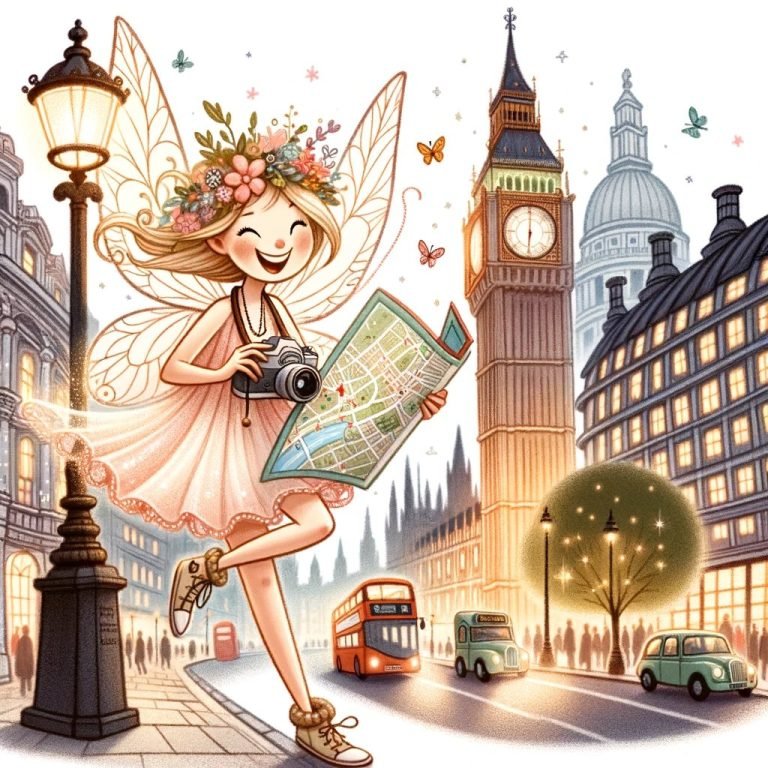 Illustration-of-a-joyful-fairy-with-delicate-wings-exploring-a-bustling-city-street-with-historical-landmarks.-She-holds-a-map-and-a-camera-capturin