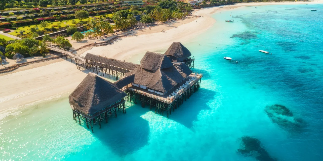 Aerial View of beautiful hotel on the water
