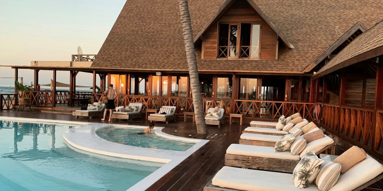 Stylish hotel pool and lounge area