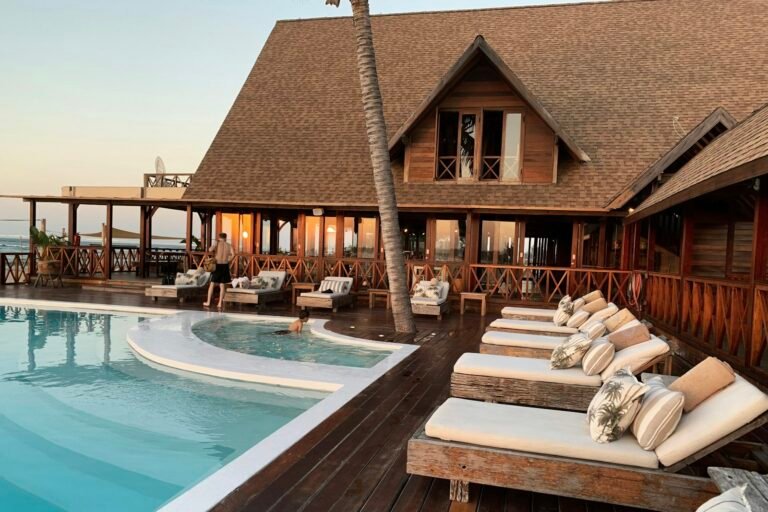 Stylish hotel pool and lounge area