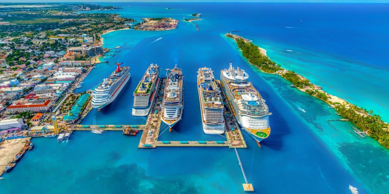 Cruise ship on open blue water
