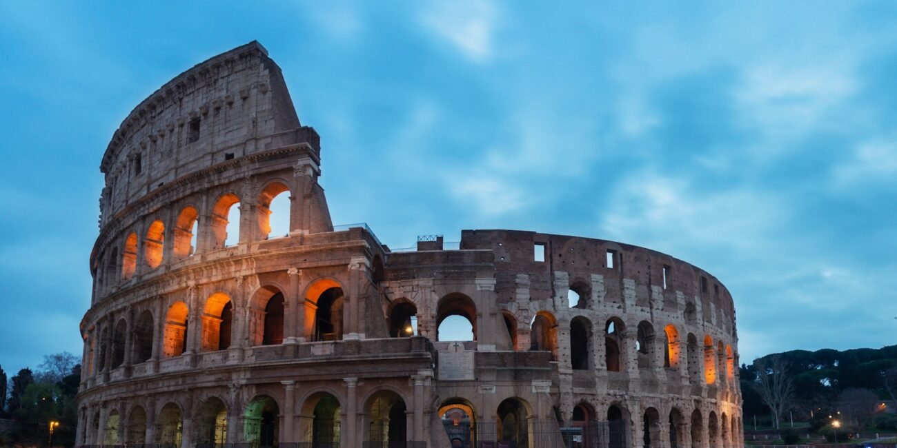Colosseum and Roman streets at dusk